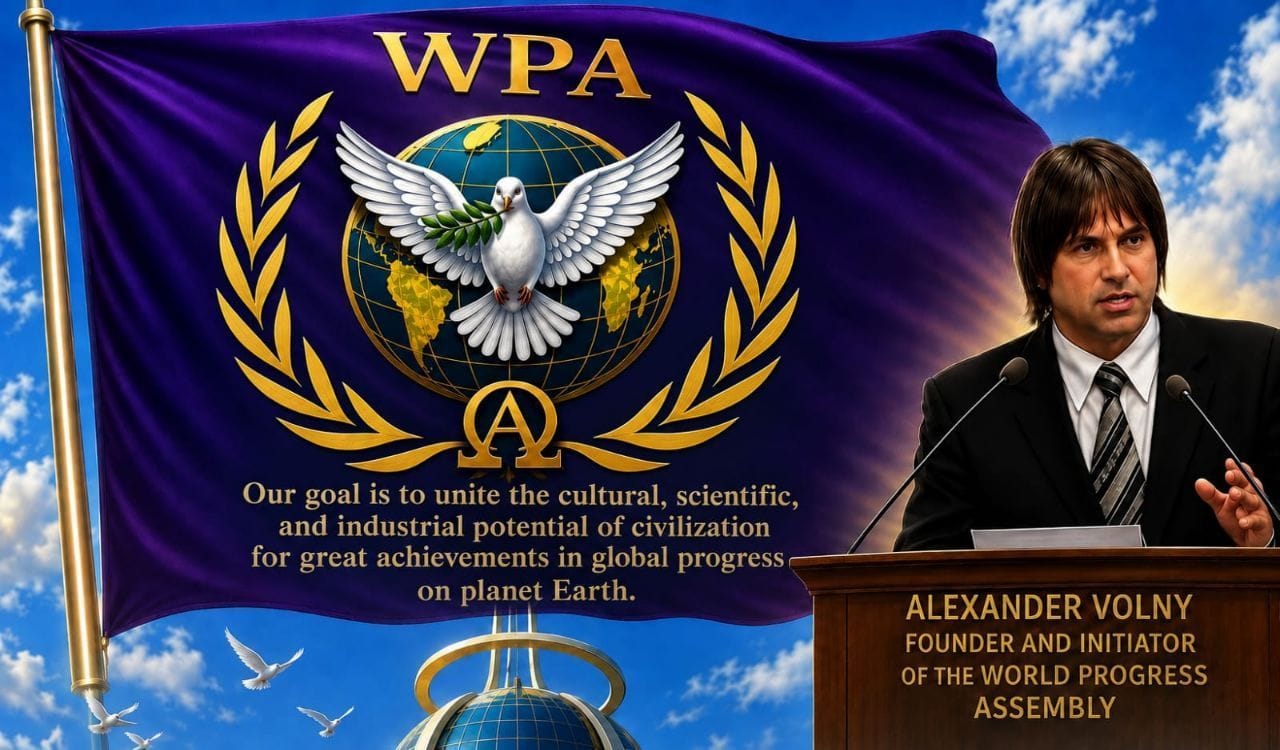 Alexander Volny at the podium beside the World Progress Assembly flag